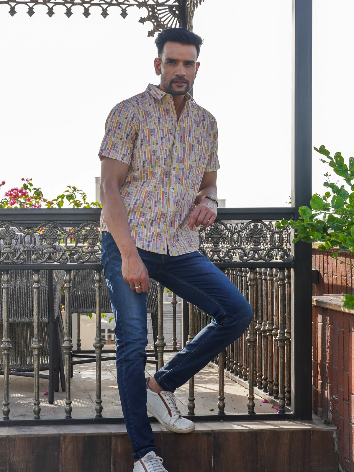 Front view of men’s Multiplaid printed cotton shirt
