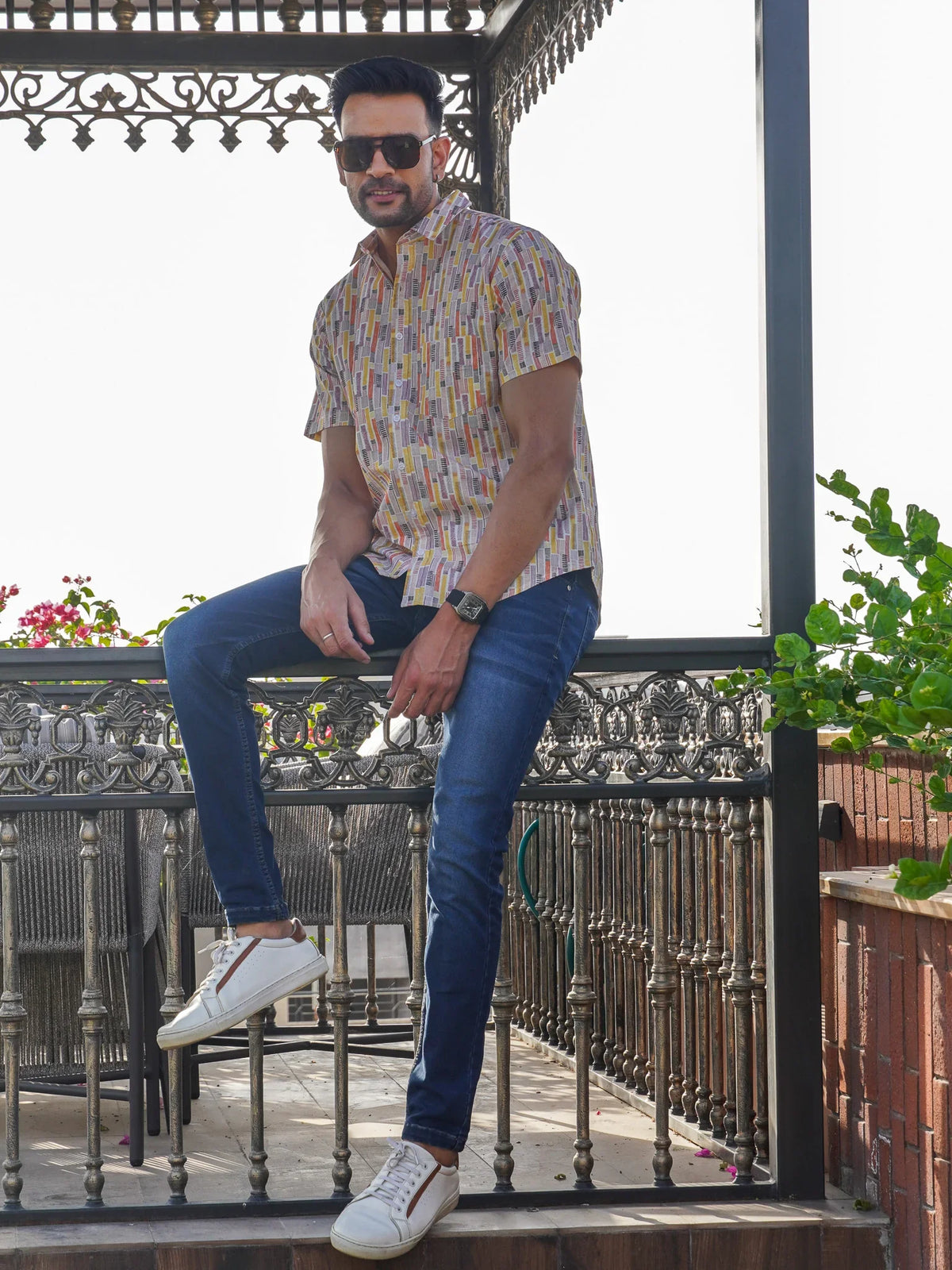 Front view of men’s Multiplaid printed cotton shirt