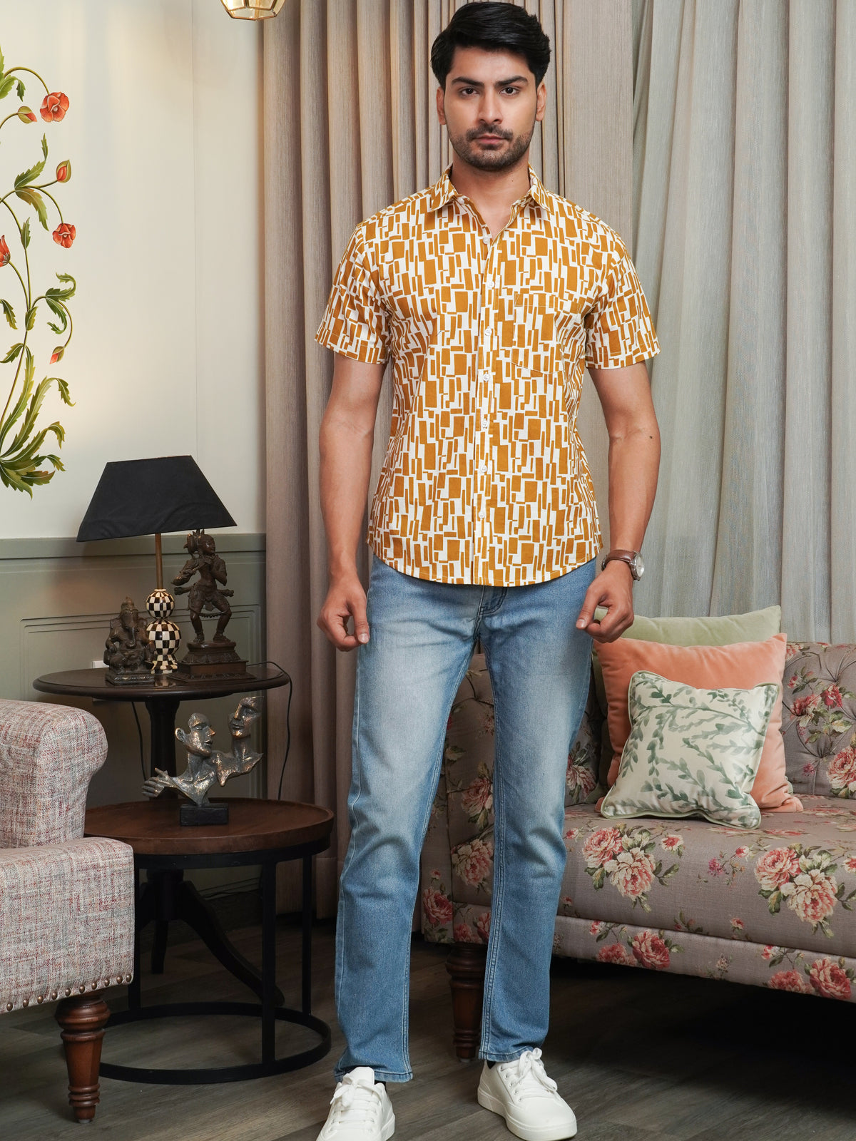 Front view of men’s mustard abstract printed cotton shirt