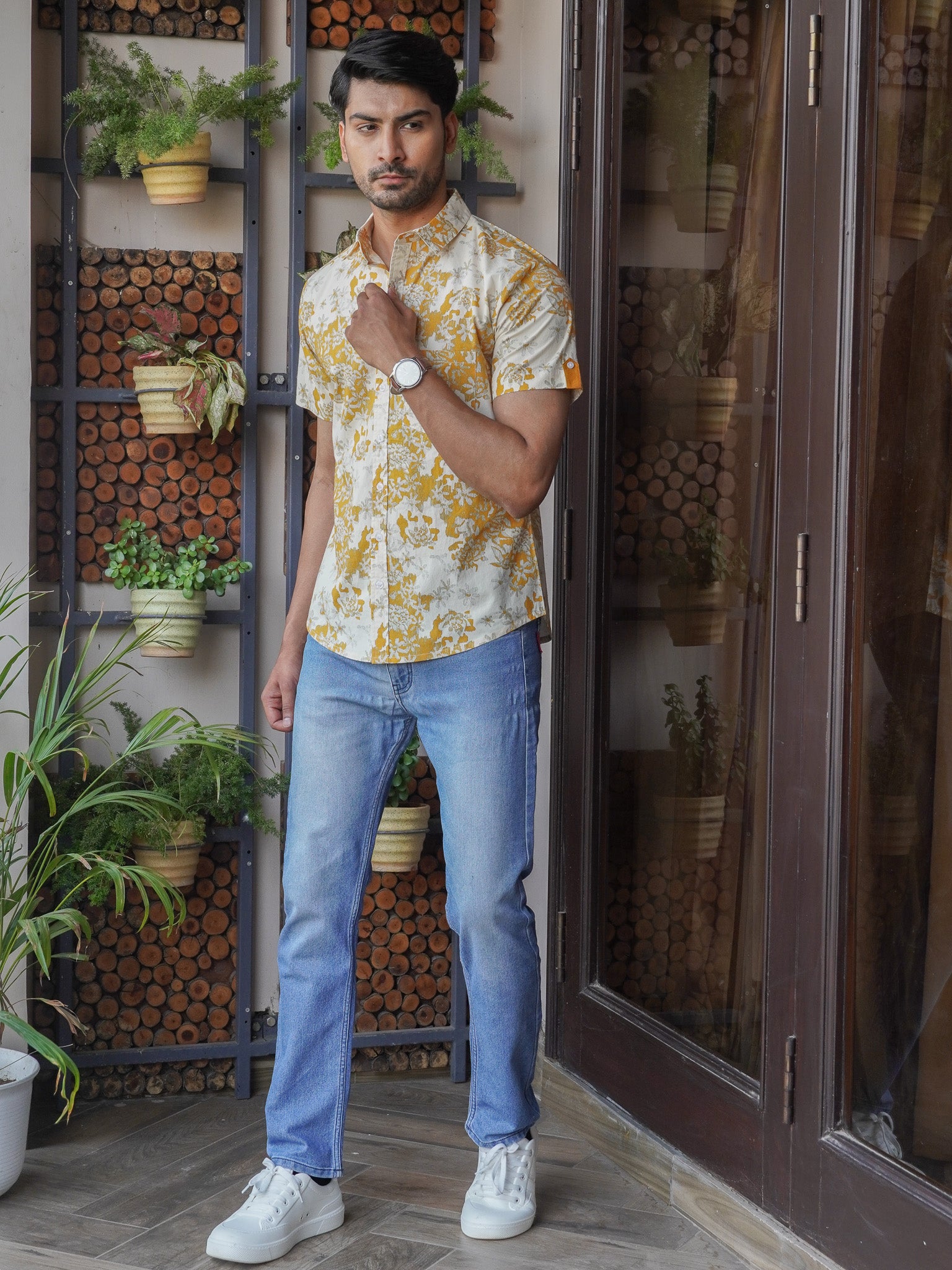 Side view of mustard floral printed half sleeve shirt for men