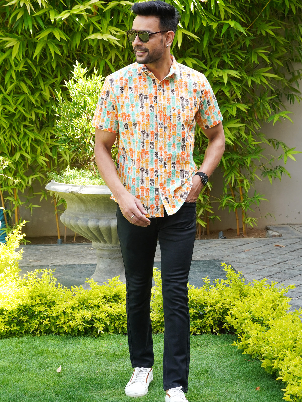 Front view of men’s multicolor retro printed cotton shirt