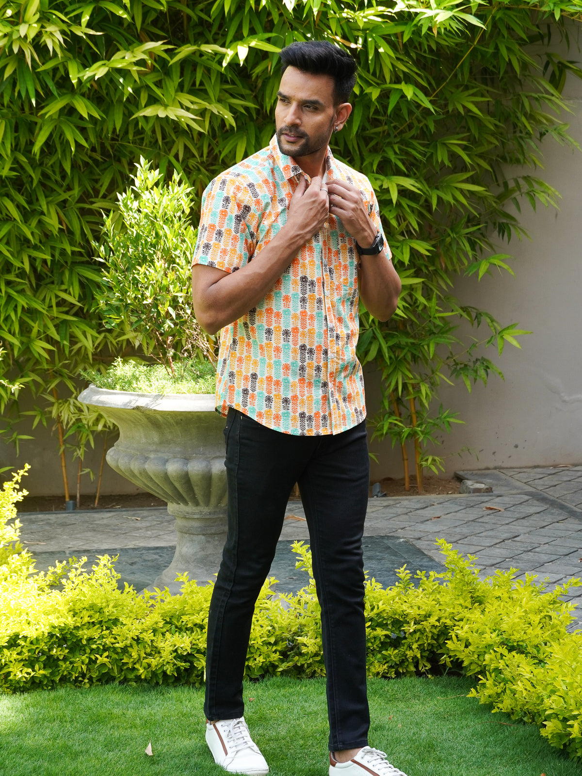 Front view of men’s multicolor retro printed cotton shirt