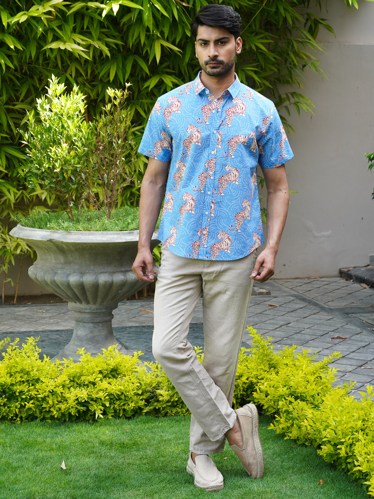 Front view of men’s sky blue leopard printed cotton shirt