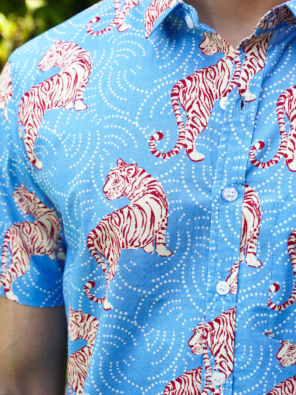 Close-up of brown leopard motifs on sky blue cotton fabric