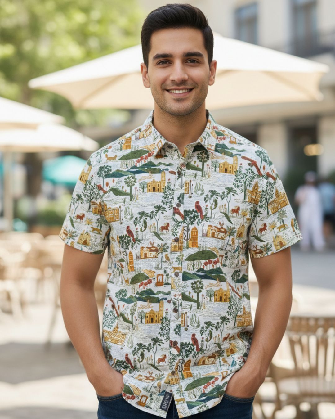 Men’s Majestic Journey heritage art print cotton half sleeve shirt, front view