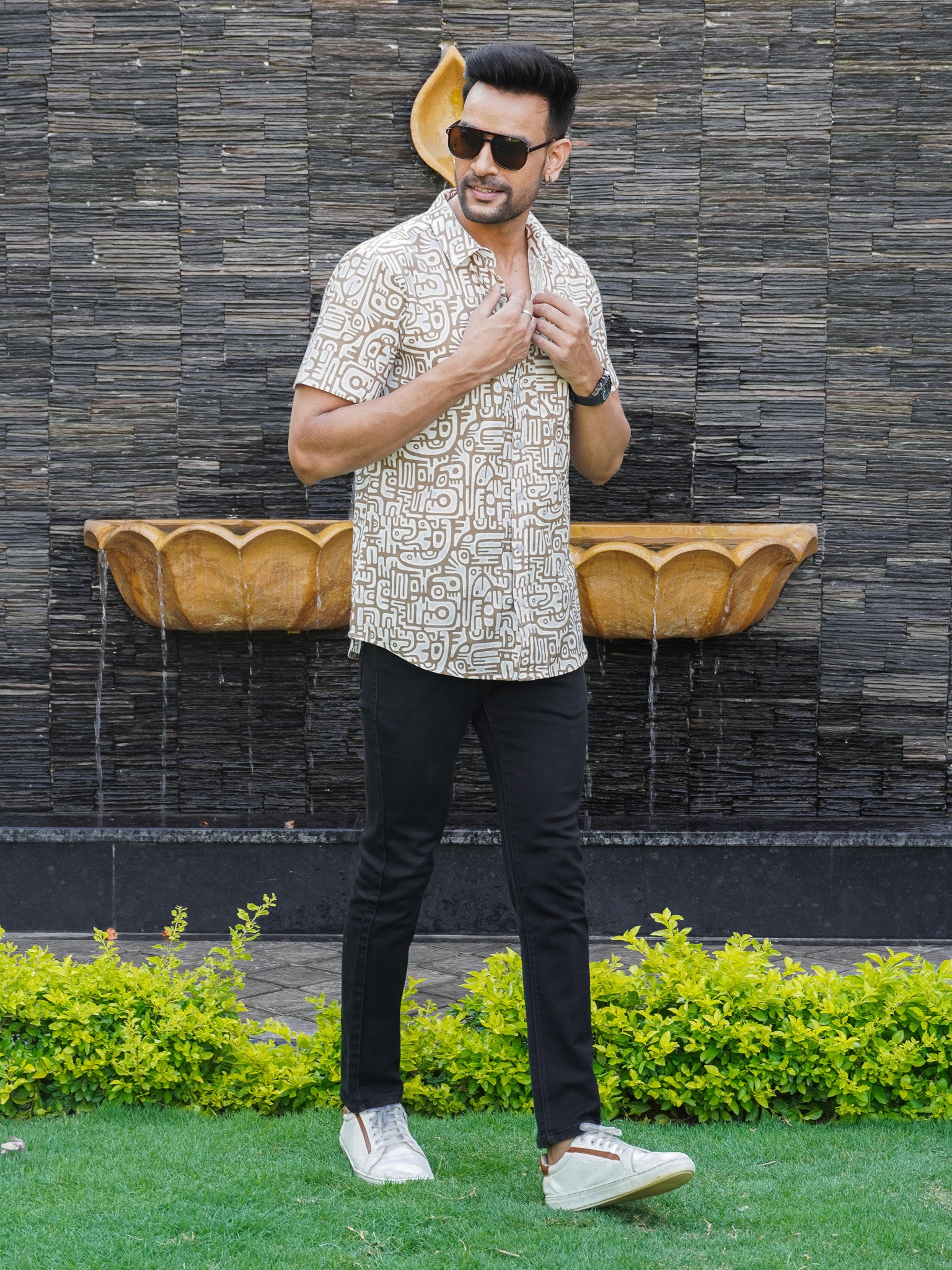 Side view of beige abstract geometric print half sleeve shirt for men