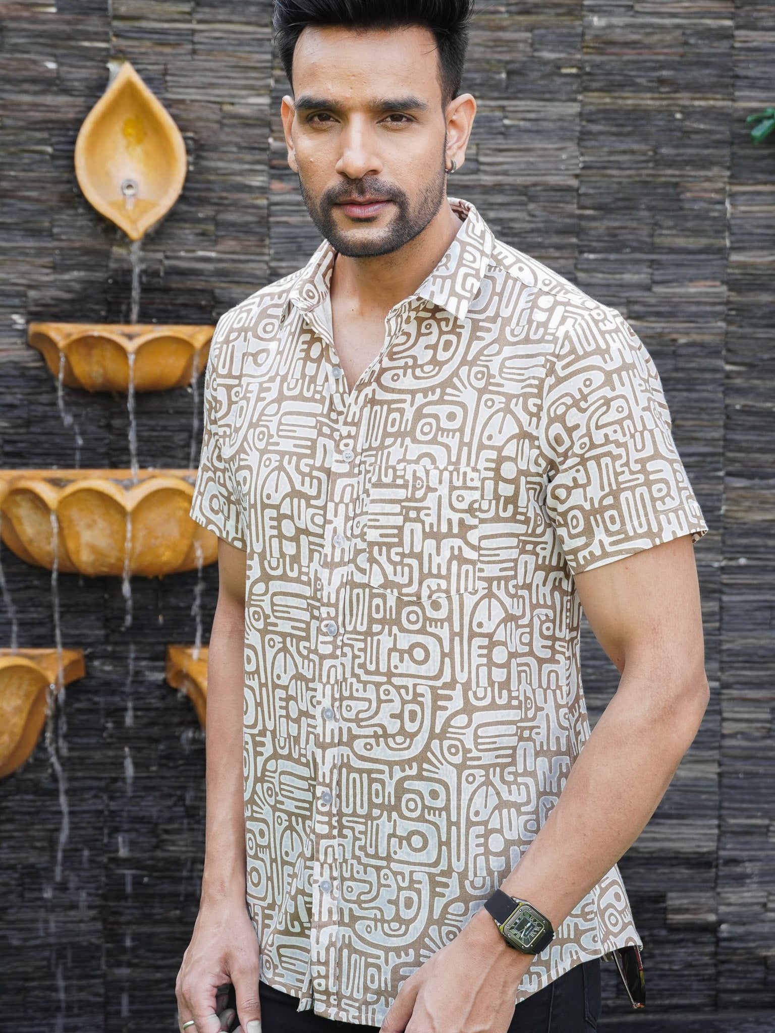 Men’s beige Urban Tribal print cotton half sleeve shirt, front view