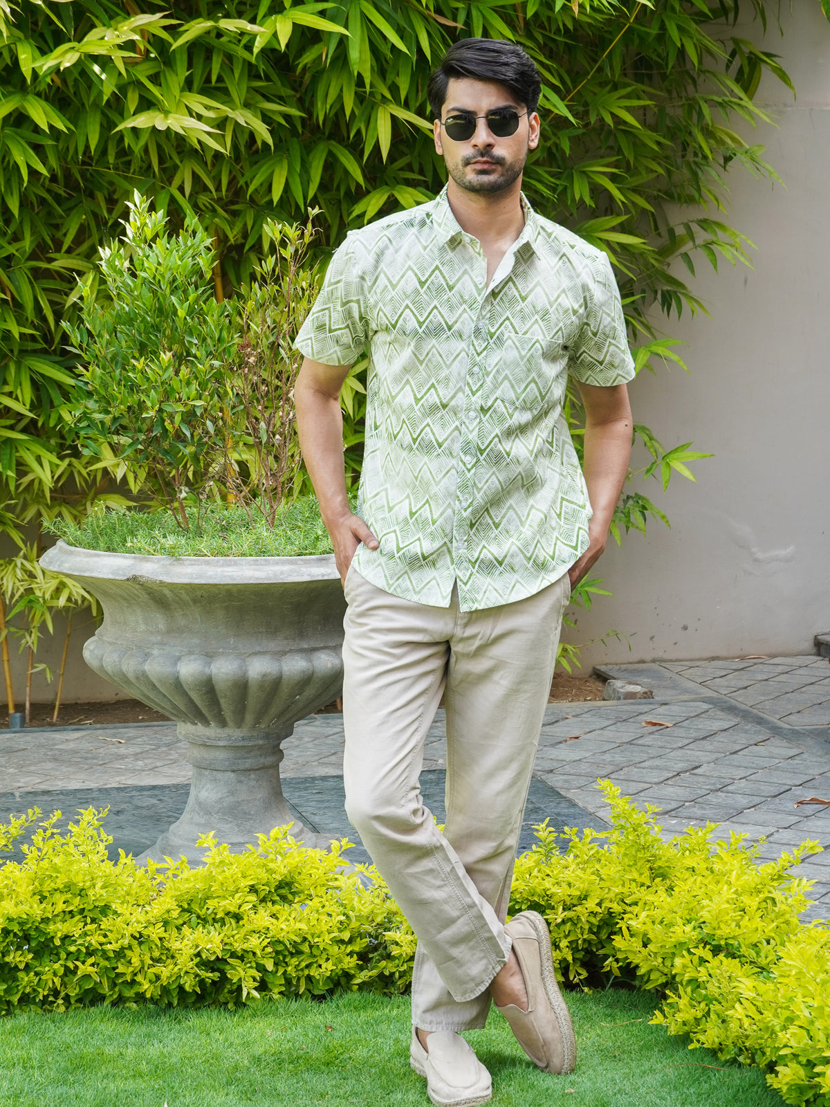 Front view of men’s Tropical Vibe green printed cotton shirt