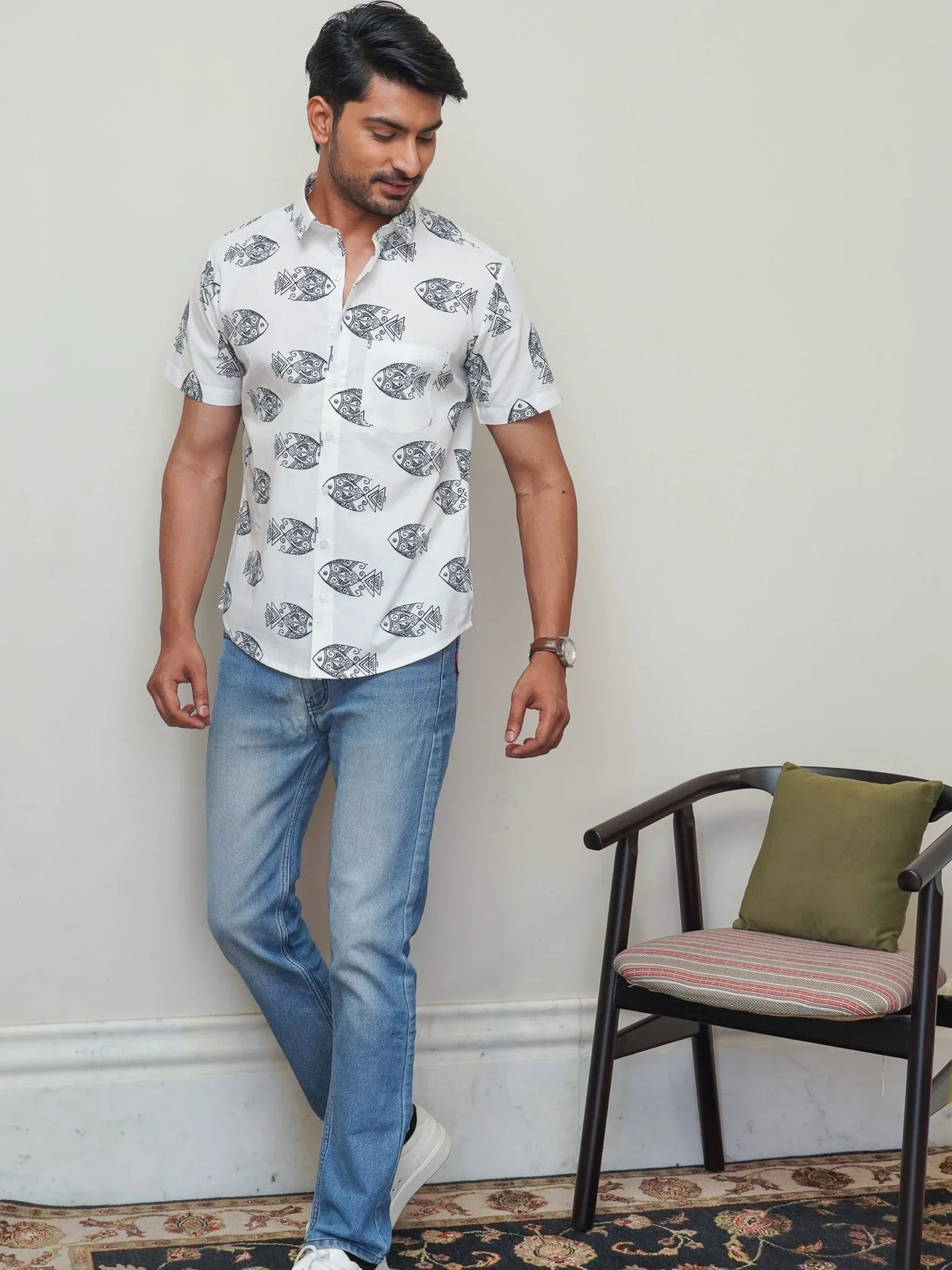 Front view of men’s white black fish printed cotton shirt