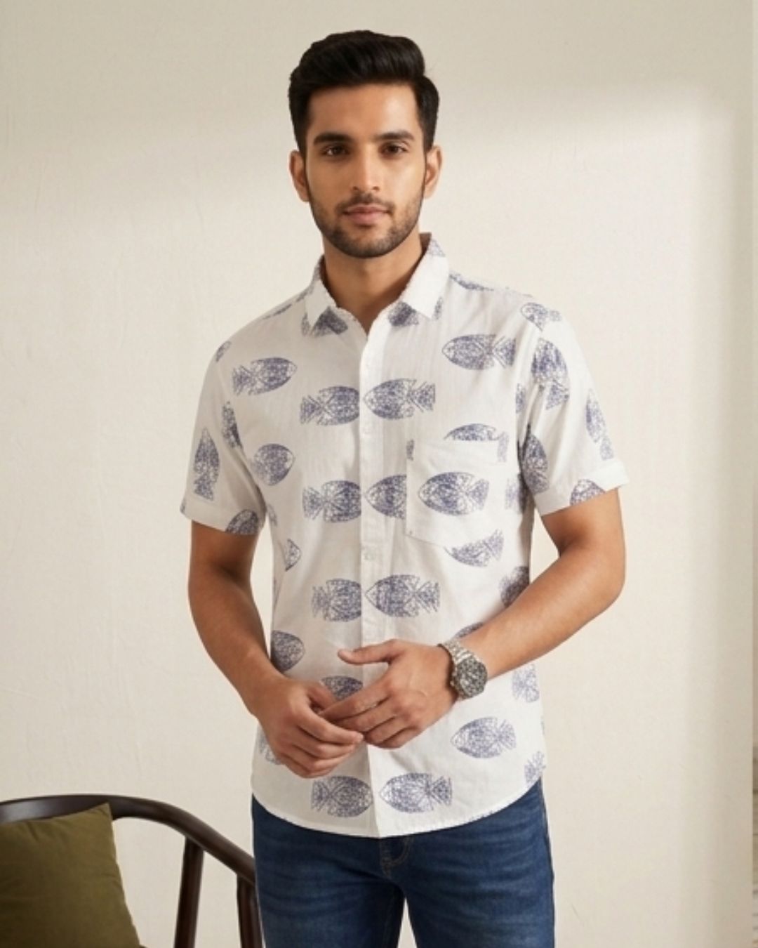 Front view of men’s white fish printed cotton shirt
