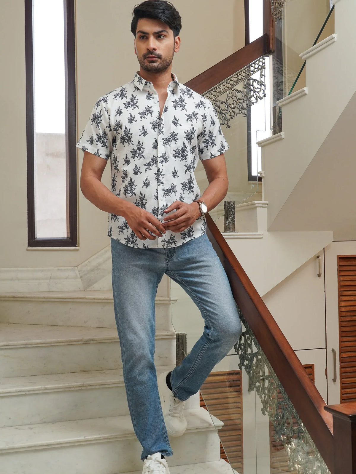 Front view of men’s white blue floral printed cotton shirt