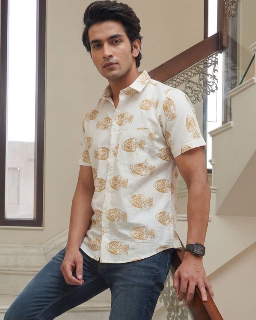 Front view of men’s white fish printed cotton shirt