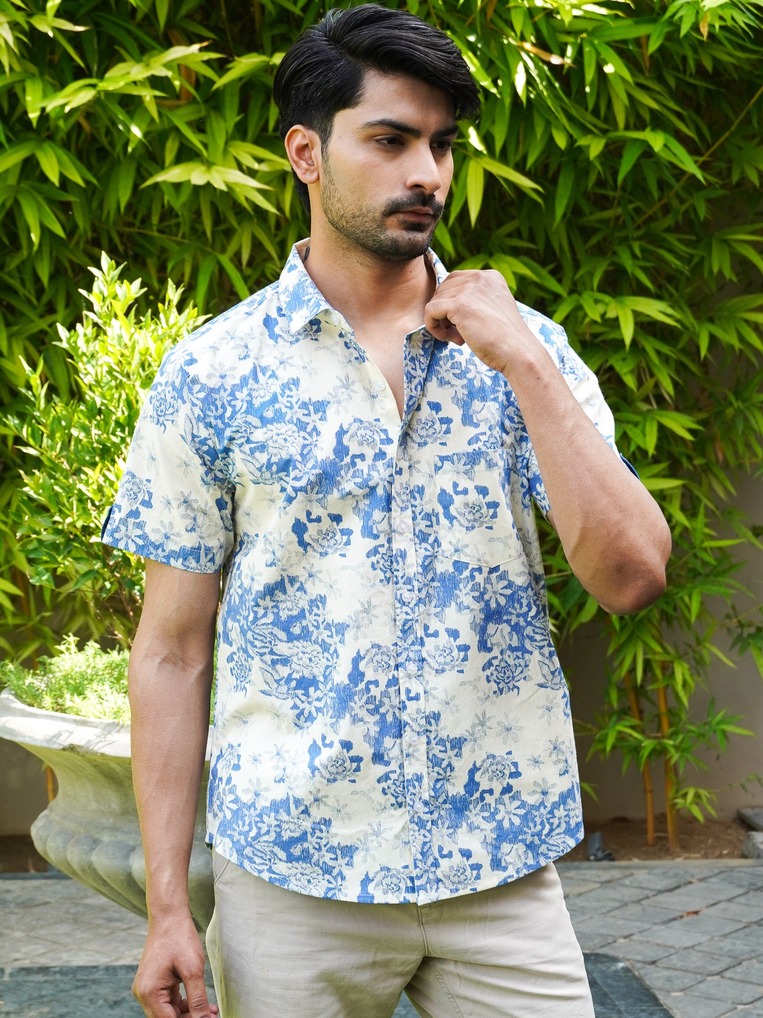 Men’s white and blue botanical print cotton half sleeve shirt, front view