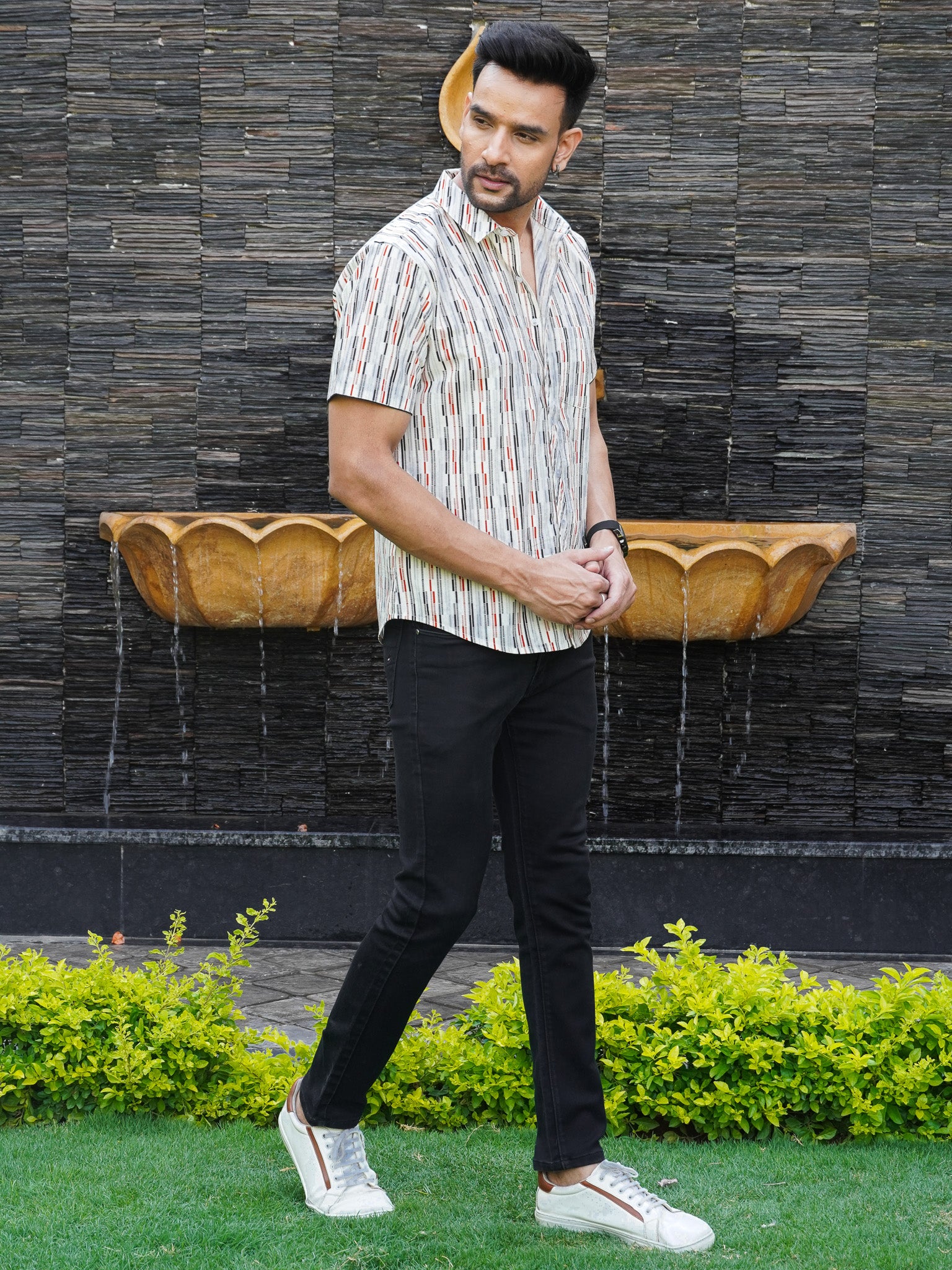 Side view of multicolour checked print half sleeve shirt for men