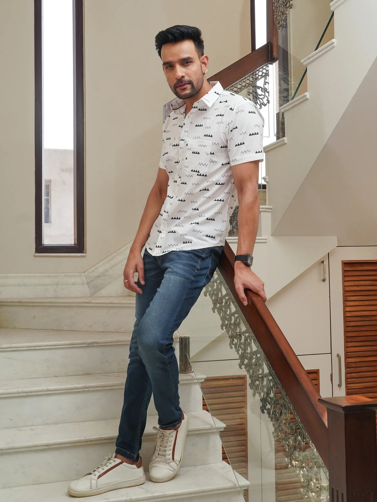 Side view of white black abstract printed half sleeve shirt for men