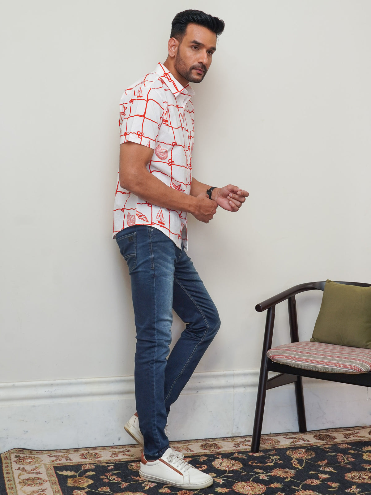 Side view of white red nautical box print shirt for men