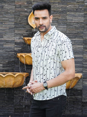 Men’s white black abstract striped printed cotton half sleeve shirt, front view